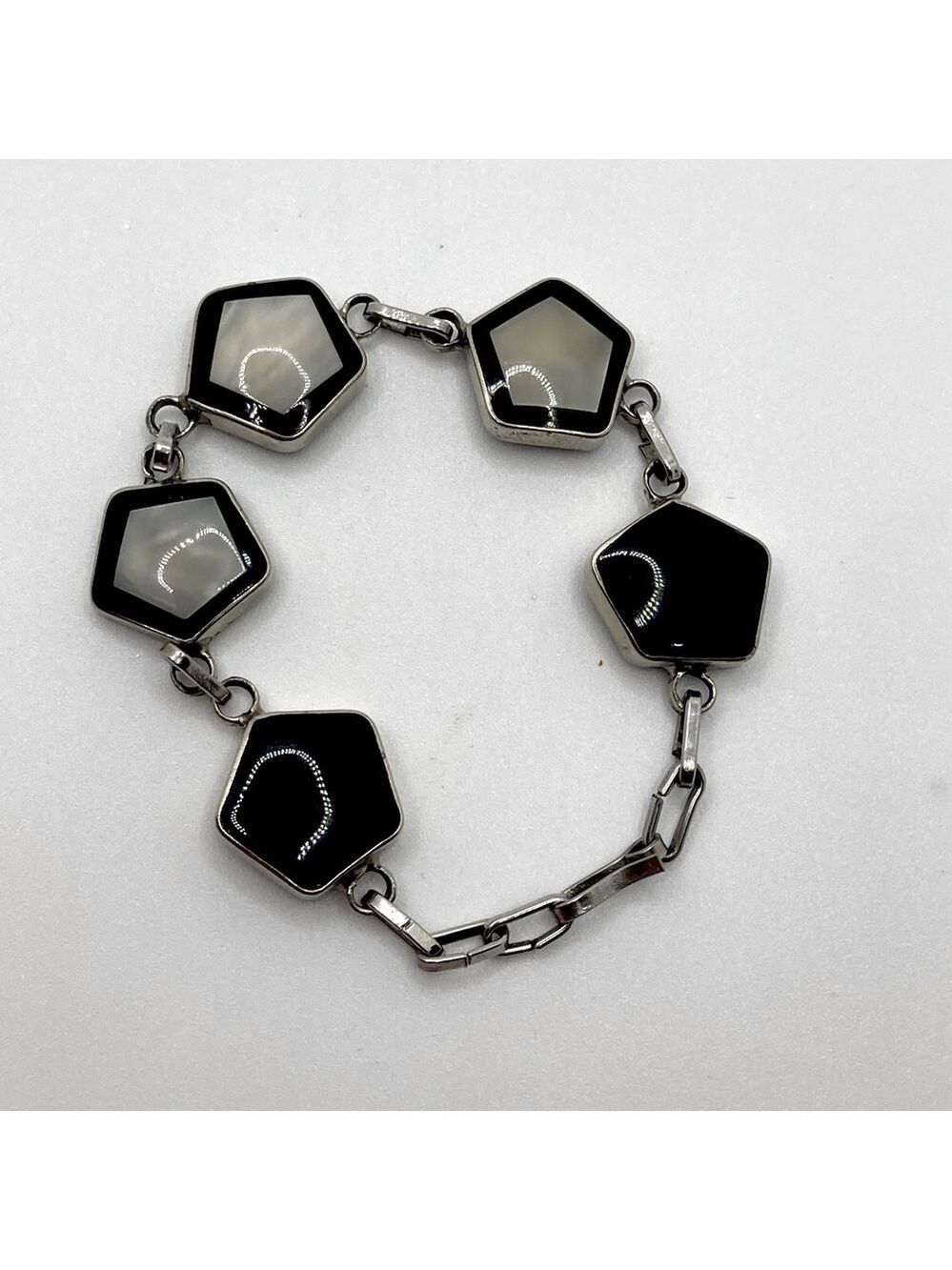 Vtg MOP Mother Of Pearl Inlay Silver Tone Hexagon Geometric Link Bracelet 6.5”